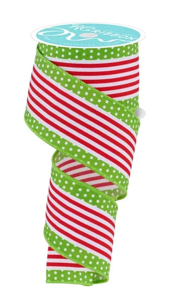 Wired Red and Whites Stripes Polka Dots on Lime Green Ribbon-2.5”x10 Yatds