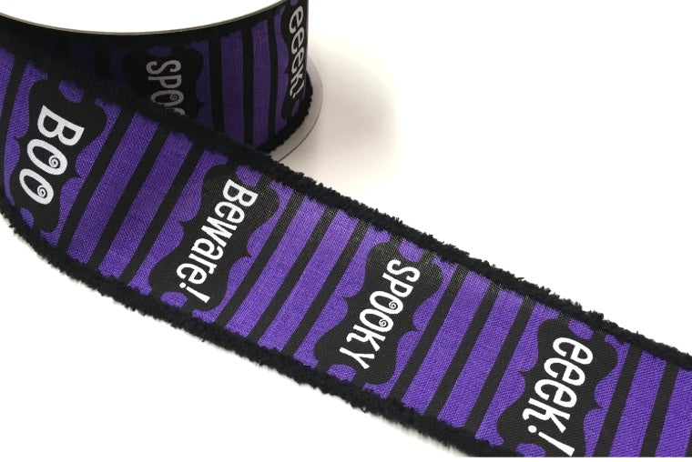 Wired Purple and Black Stripe Boo Halloween Ribbon with Black Fuzzy Edging - Eeek Ribbon - Spooky Ribbon -2.65”x10 Yards