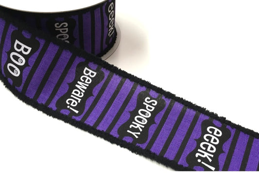 Wired Purple and Black Stripe Boo Halloween Ribbon with Black Fuzzy Edging - Eeek Ribbon - Spooky Ribbon -2.65”x10 Yards