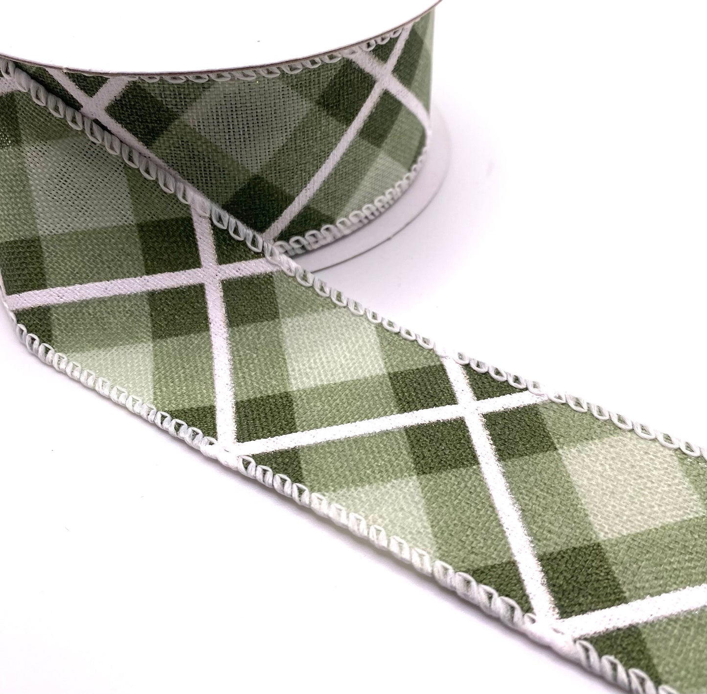 10 Yards - 1.5” Wired Sage Hunter White Georgina Plaid Ribbon