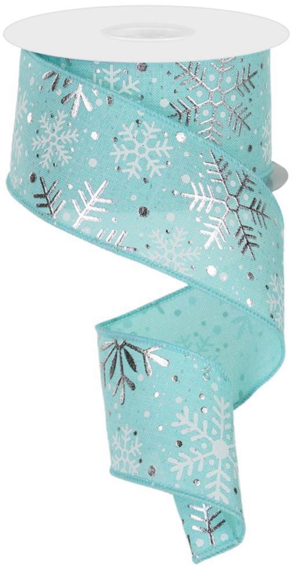 10 Yards - 2.5” Wired Light Blue, White, and Metallic Silver Winter Snowflake Ribbon