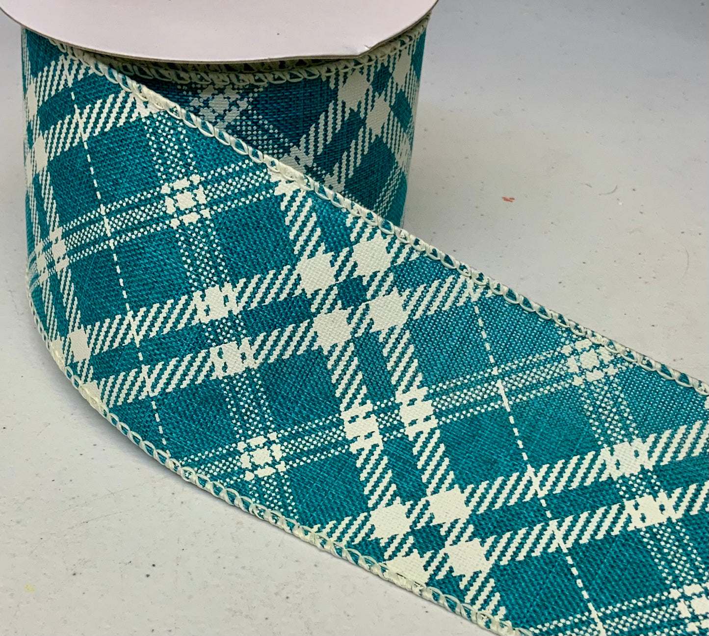 Wired Teal Linen Cream/Hazel Diagonal Plaid Ribbon- 2.5” x10 Yards
