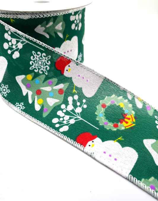 10 Yards - 2.5” Wired Green Linen Snowman Christmas Tree and Wreath Ribbon