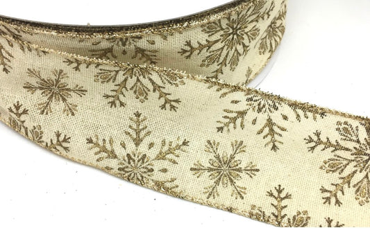 50 Yards - 2.5” Light Natural Background with Gold Glitter Snowflakes Ribbon