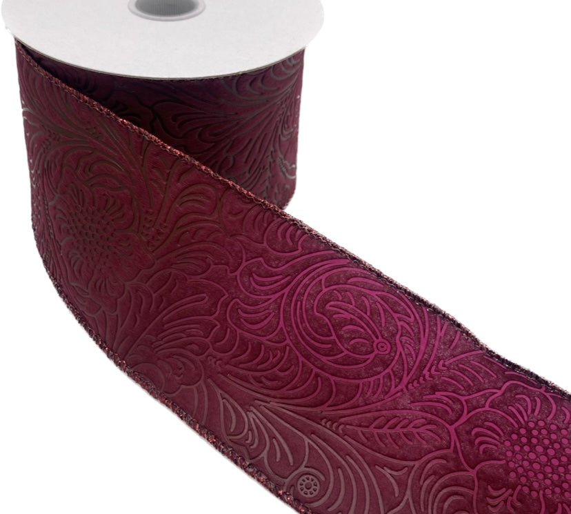 10 Yards - 2.5" Wired Burgundy Floral Design Embossed Ribbon