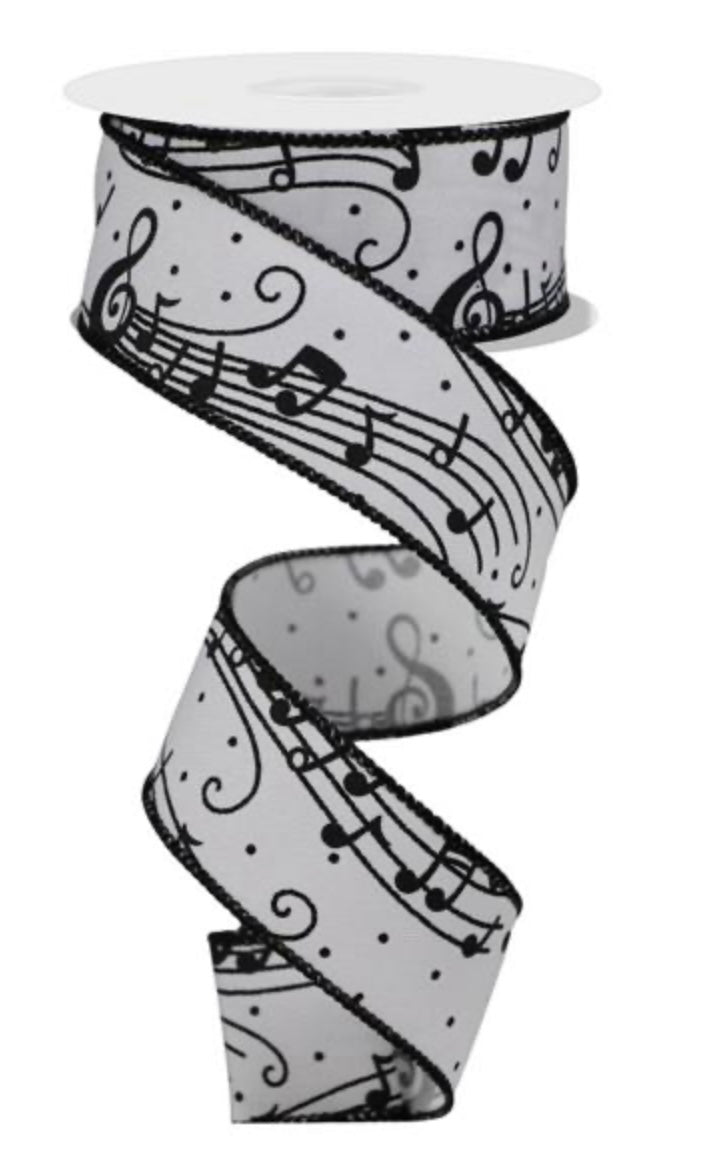 10 Yards - 1.5” Wired Black and White Music Note Ribbon