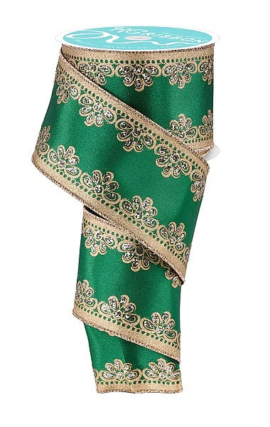 Wired Emerald and Gold Luxurious Scallop Trim Ribbon- 2.5”x10 Yards