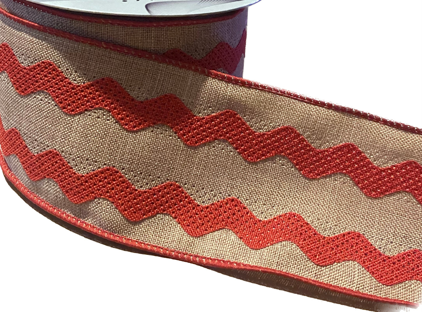 10 yards - 2.5" Wired Natural Burlap with Red Ric Rac Ribbon