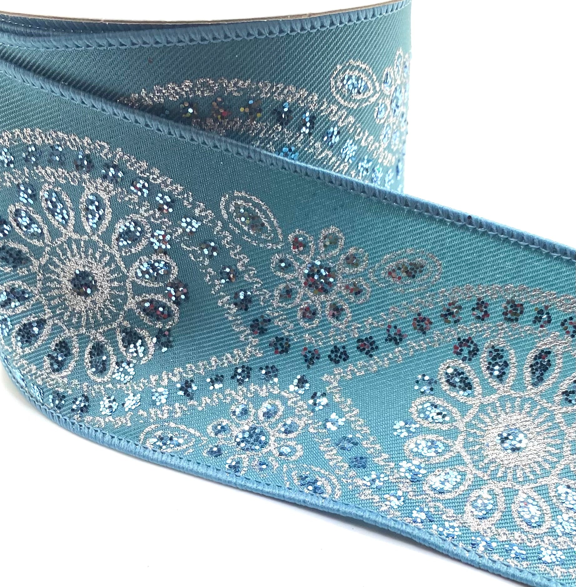 10 Yards - 2.5” Wired Smoke Blue and Silver Deluxe Wavy Floral Ribbon ...