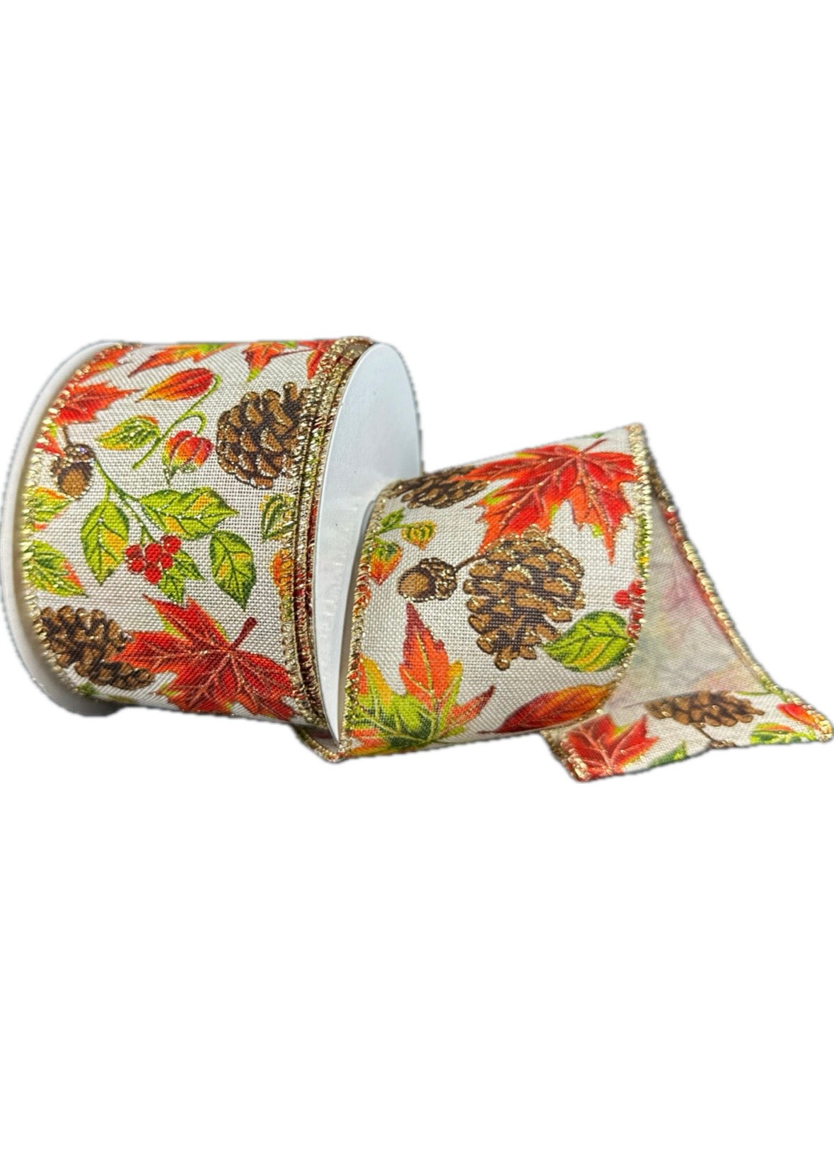 Wired Natural Linen Fall Leaves on Forest Floor Ribbon- 2.5”x10 Yards