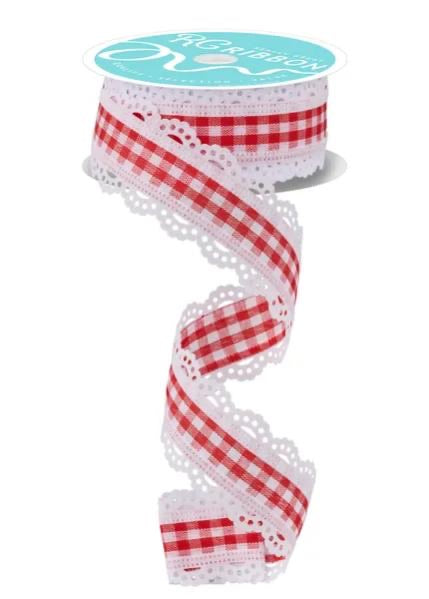 10 Yards - 1.5" Wired Red and White Gingham Background with Lace Edge Ribbon
