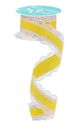 10 Yards - 1.5" Wired Yellow Background with Lace Edge Ribbon
