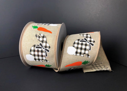 10 Yards - 2.5” Wired Natual Background Gingham Easter Bunny Ribbon