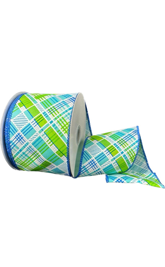 Wired Blue, Green, and White Diagonal Cabot Printed Plaid Ribbon-2.5”x10 Yards