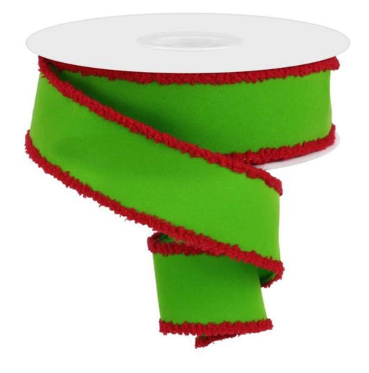 Wired Lime Green Velvet Ribbon with Red Drift Edge- 1.5”x10 Yards