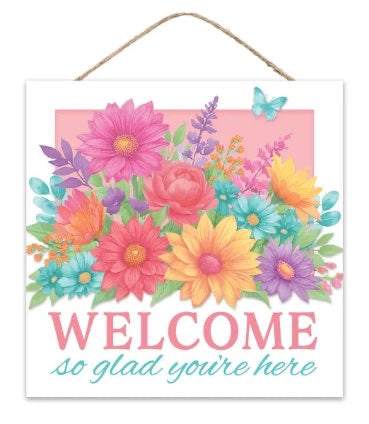 10” Square Pastel Welcome So Glad You’re Here Wreath Sign