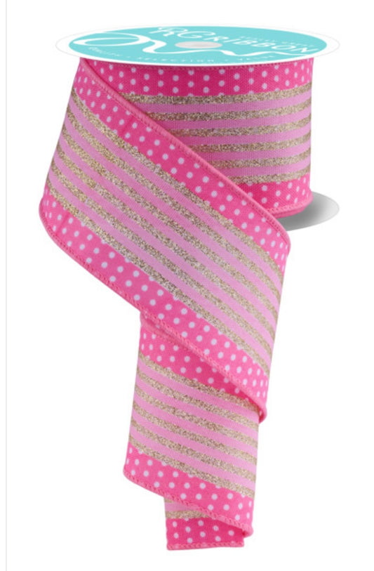 10 Yards - 2.5" Gold Stripes and Polka Dots on Pink Ribbon