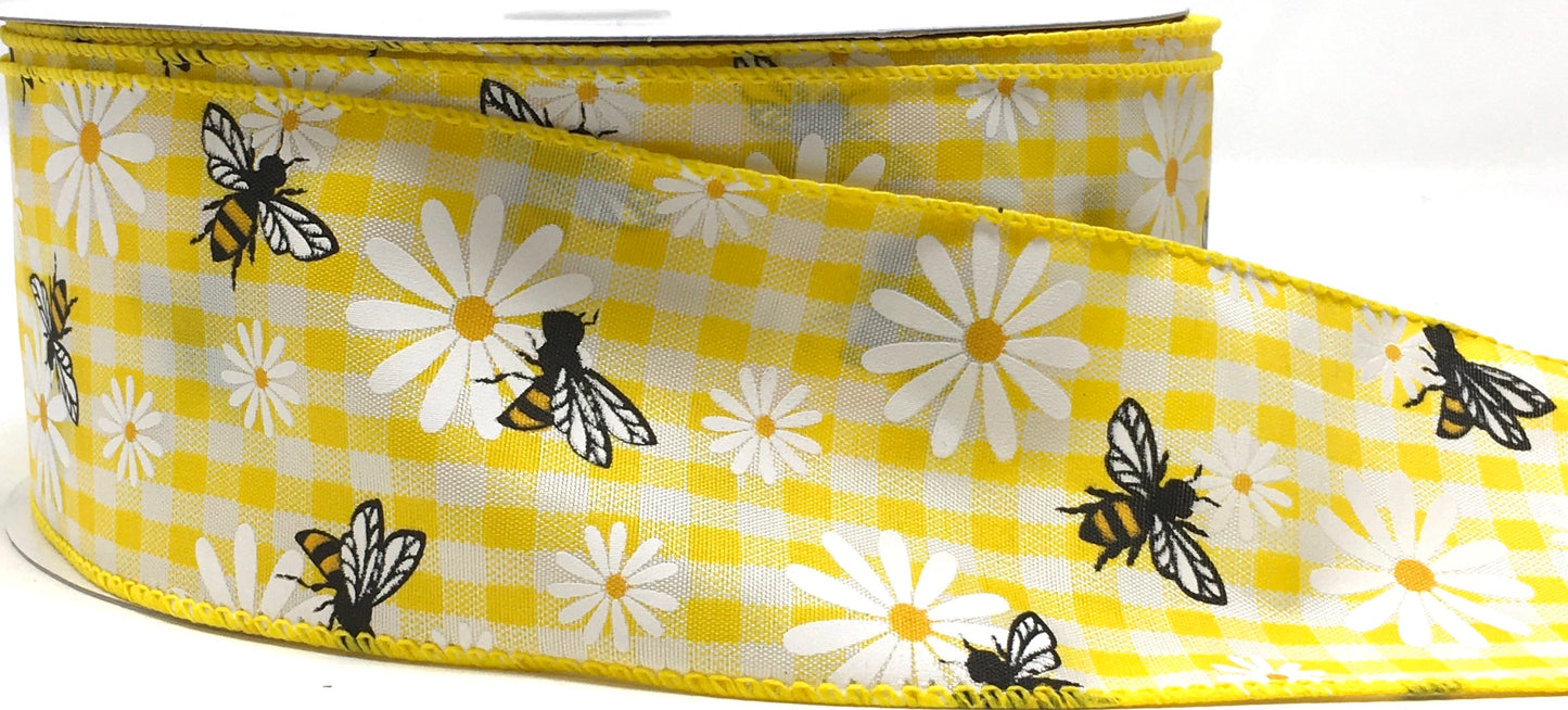 50 Yards - 2.5” Wired Yellow and White Check Bumblebee Daisy Ribbon