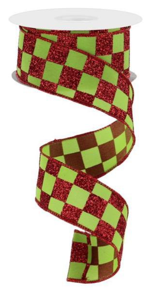 10 Yards - 1.5” Wired Lime Green and Red Check Christmas Ribbon