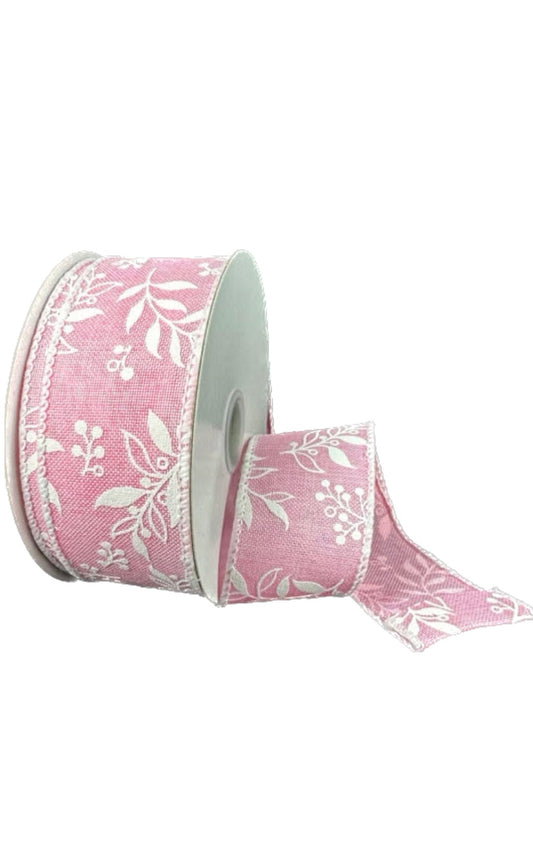 Wired Pink Linen White Foilage Ribbon-1.5”x10 Yards