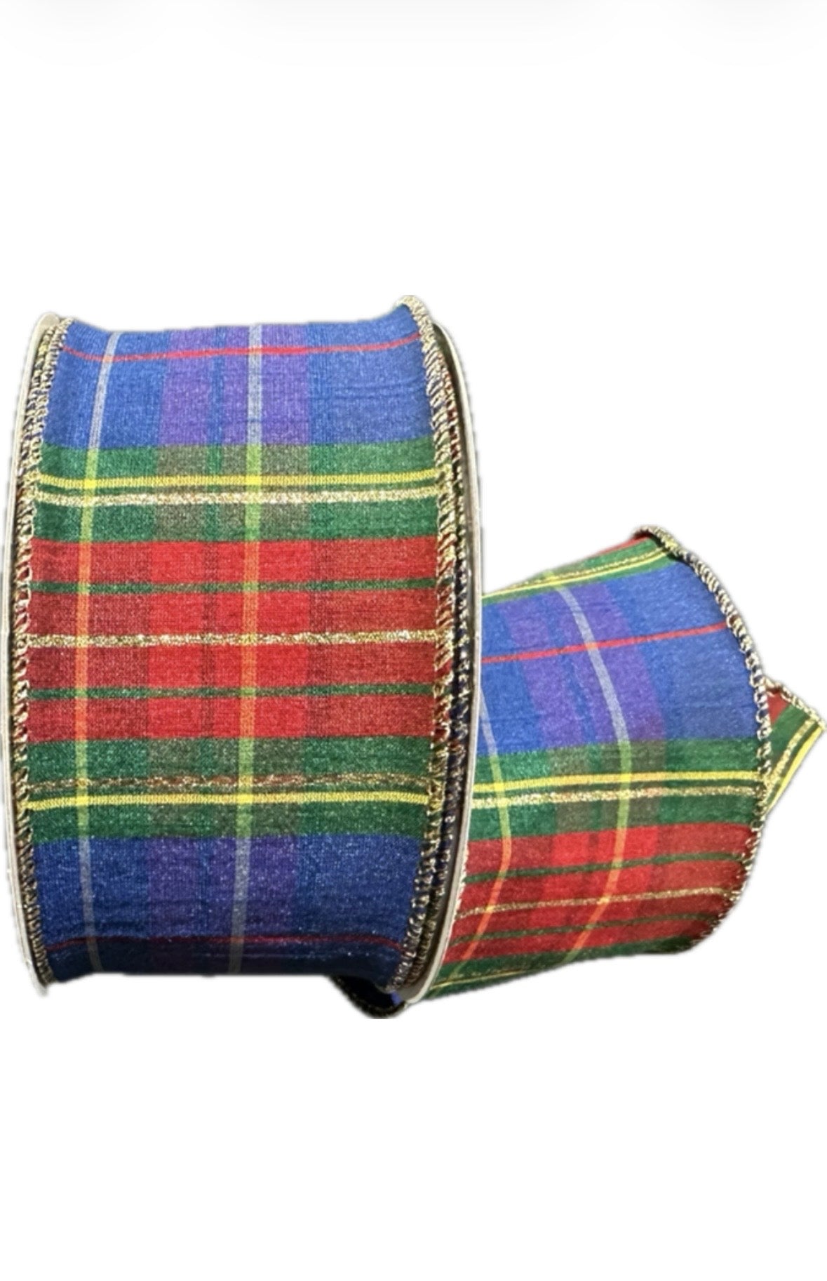 Wired Royal Blue Green Red Yellow Faux Dupioni Plaid Ribbon-2.5”x25 Yards
