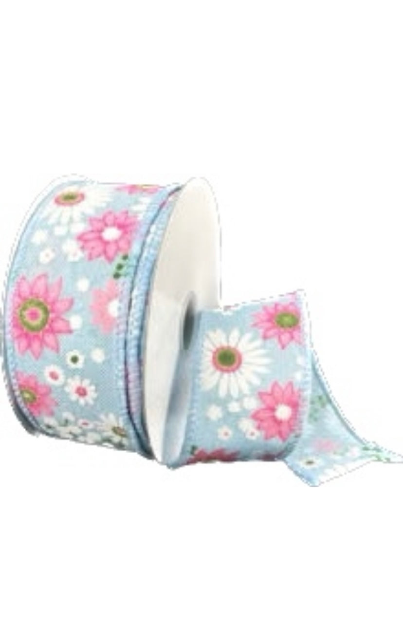 Wired Light Blue Linen Spring Flowers Explosion Ribbon-1.5”x10 Yards
