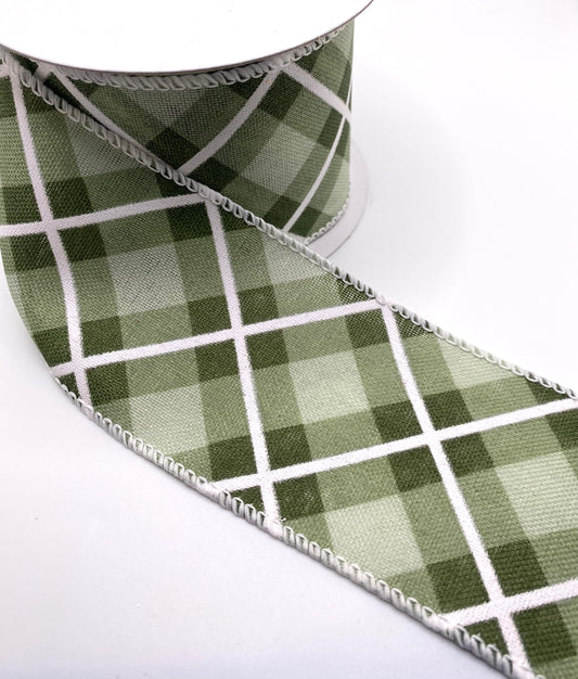 10 Yards - 2.5” Wired Sage Hunter White Georgina Plaid Ribbon