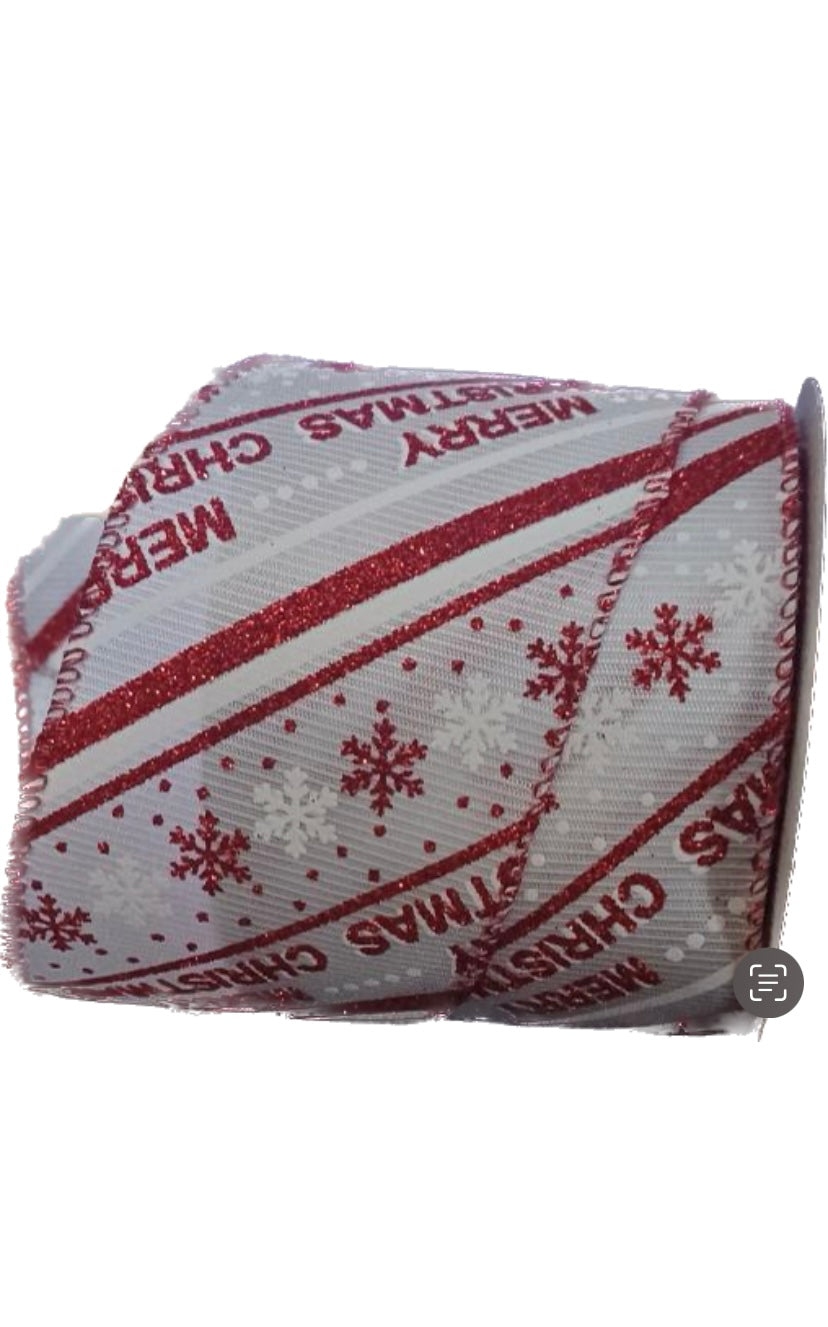 Wired Red and White Merry Christmas Snowflake Ribbon-2.5”x10 Yards