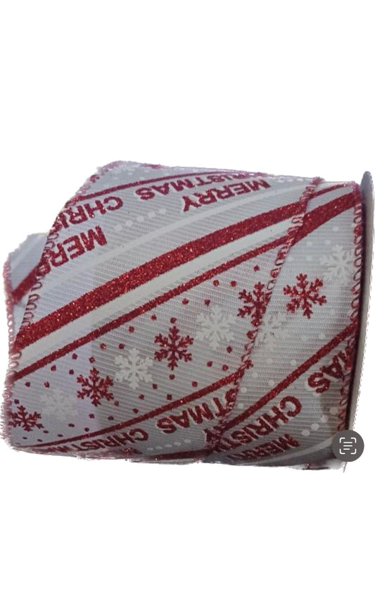 Wired Red and White Merry Christmas Snowflake Ribbon-2.5”x10 Yards