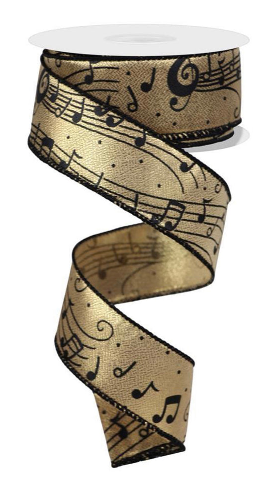 10 Yards - 1.5” Wired Black and Metallic Gold Music Note Ribbon