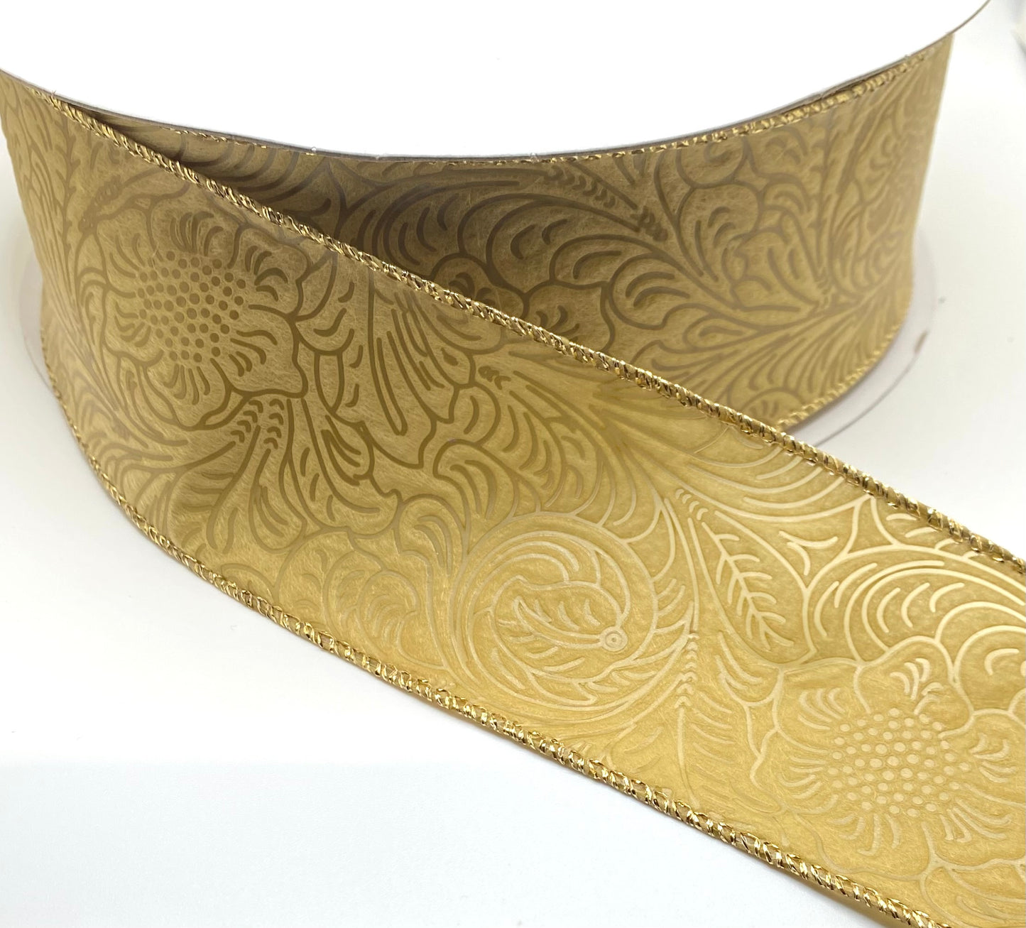 50 Yards - 2.5” Wired Tan with Gold Metallic Edge Floral Design Embossed Ribbon