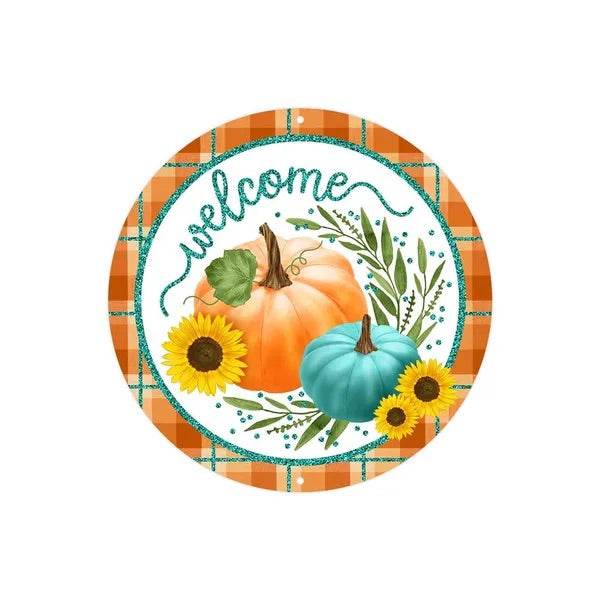 8” Round Metal Fall Welcome Pumpkin and Sunflowers Wreath Sign