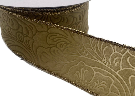 10 Yards - 1.5” Wired Tan with Metallic Edge Floral Embossed Ribbon