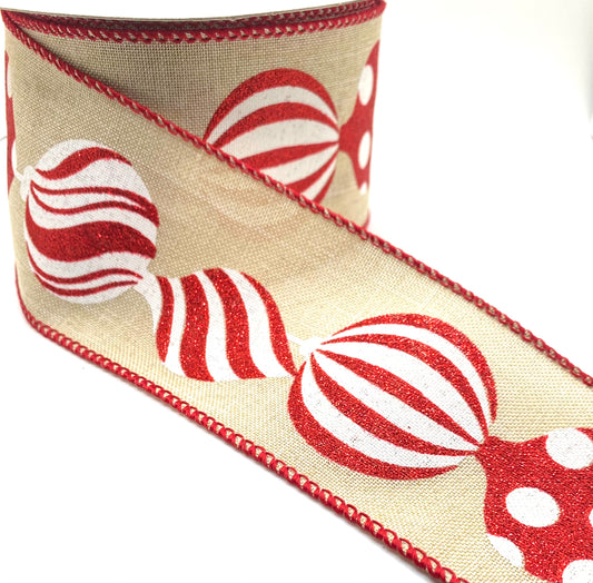 10 Yards - 2.5” Wired Natural Linen Red and White Big Ornament Ribbon
