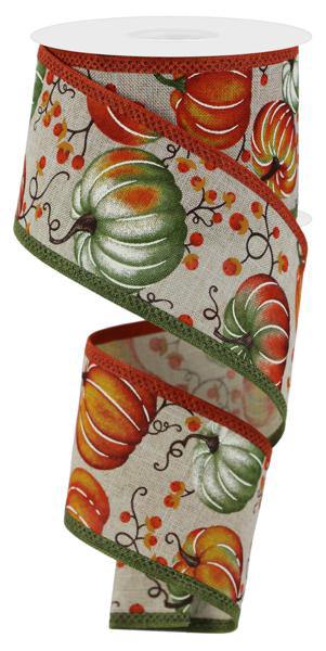 10 Yards - 2.5” Wired Natural Green and Orange Pumpkin Berry Fall Ribbon