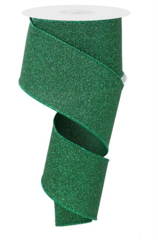 10 Yards - 2.5” Wired Emerald Green Glitter Ribbon