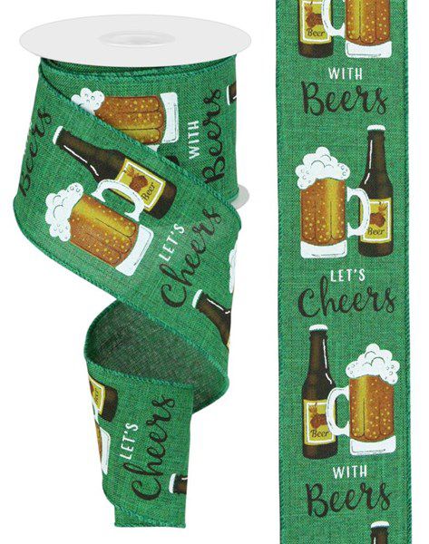 10 Yards - 2.5" Wired Green Background Let's Cheer with Beers Ribbon