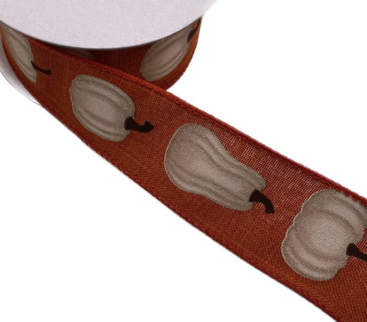 10 Yards - 1.5” Wired Rust Linen Orange White Pumpkins Ribbon