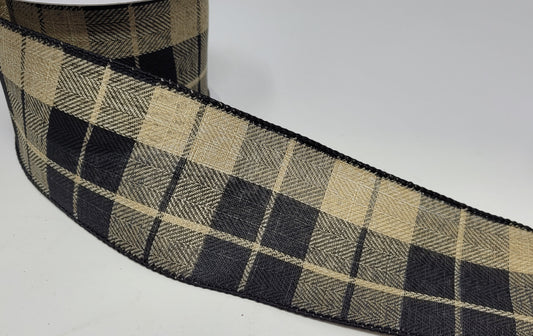 10 Yards - 2.5" Wired Black and Tan Check Ribbon