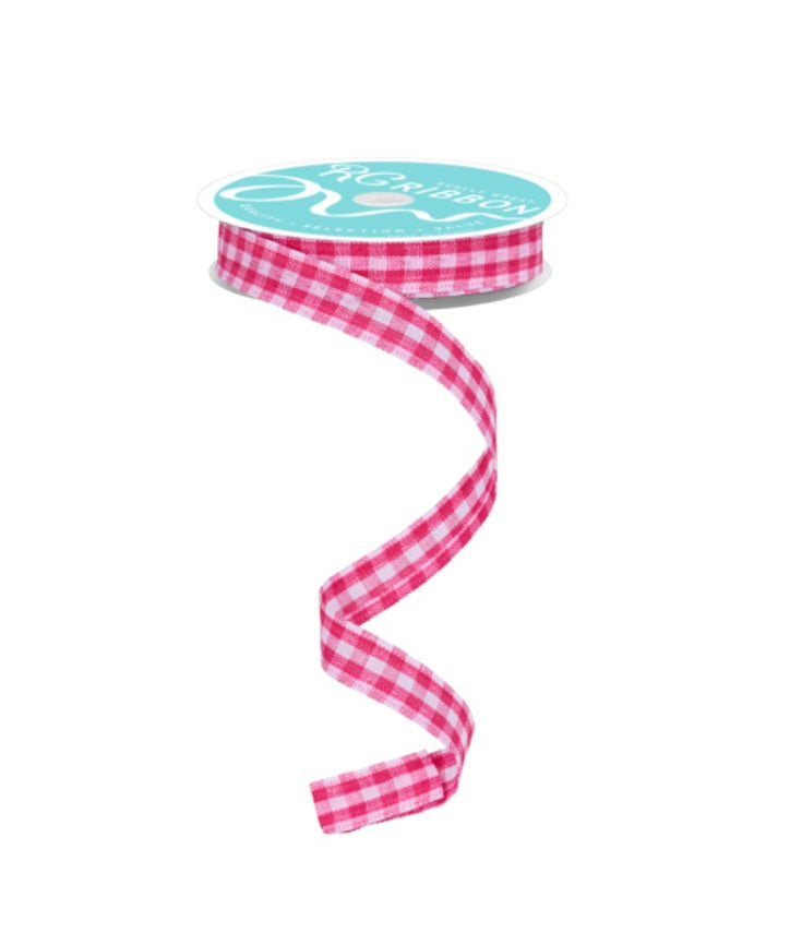 10 Yards - 5/8” Wired Dark Pink and White Gingham Check Accent Ribbon