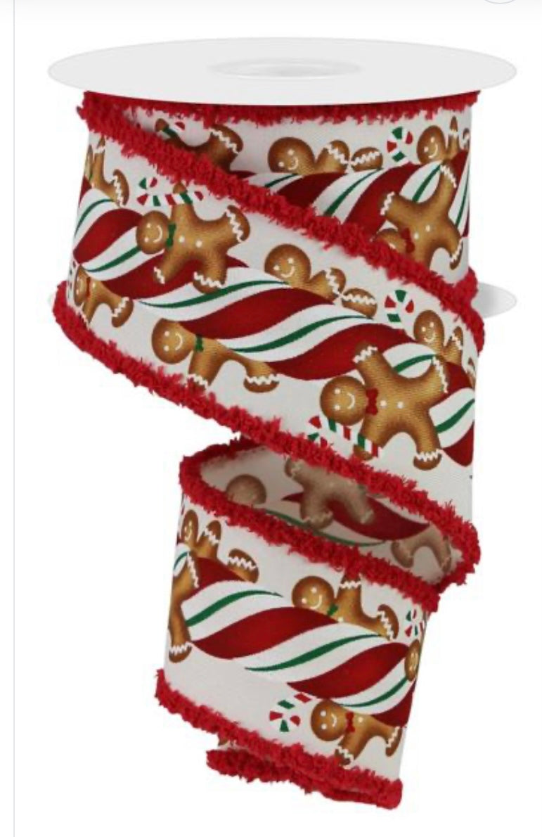 10 Yards - 2.5" Wired Gingerbread Cookie Ribbon Red Tinsel Edge