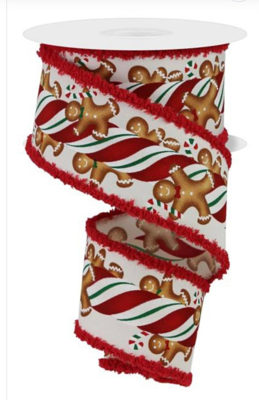 10 Yards - 2.5" Wired Gingerbread Cookie Ribbon Red Snowdrift Edge