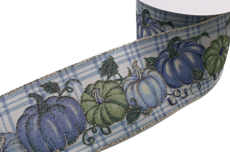 10 Yards - 2.5” Wired Linen Light Blue Plaid Blue and Green Pumpkin Ribbon