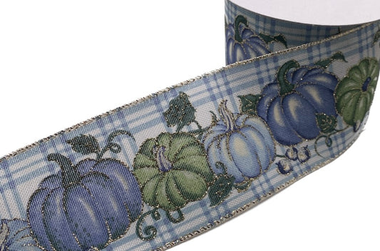 10 Yards - 2.5” Wired Linen Light Blue Plaid Blue and Green Pumpkin Ribbon