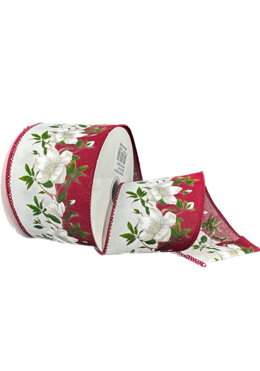 Wired Floral on Dark Red and White Background on Satin Ribbon- 2.5”x10 Yards