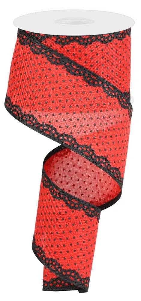 Wired Red and Black Swiss Dot Ribbon with Black Lace Detail-2.5”x10 Yards