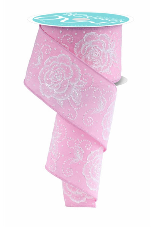 10 Yards - 2.5” Wired Raised Roses Pink and White Floral Ribbon