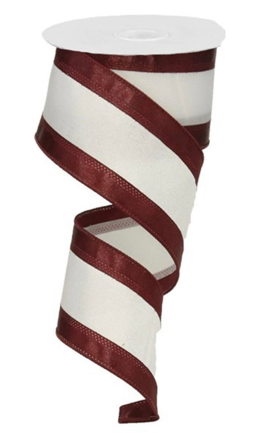 10 Yards - 2.5” Wired Maroon and White Stripe Satin Ribbon