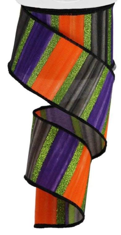 Wired Purple, Black, and Orange Watercolor Stripe Halloween Ribbon with Green Glitter Stripes - 10 Yards x 2.5”