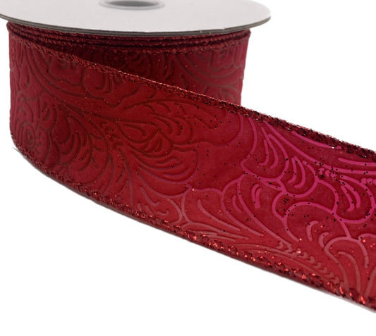 10 Yards - 1.5” Wired Red with Glitter Floral Embossed Ribbon